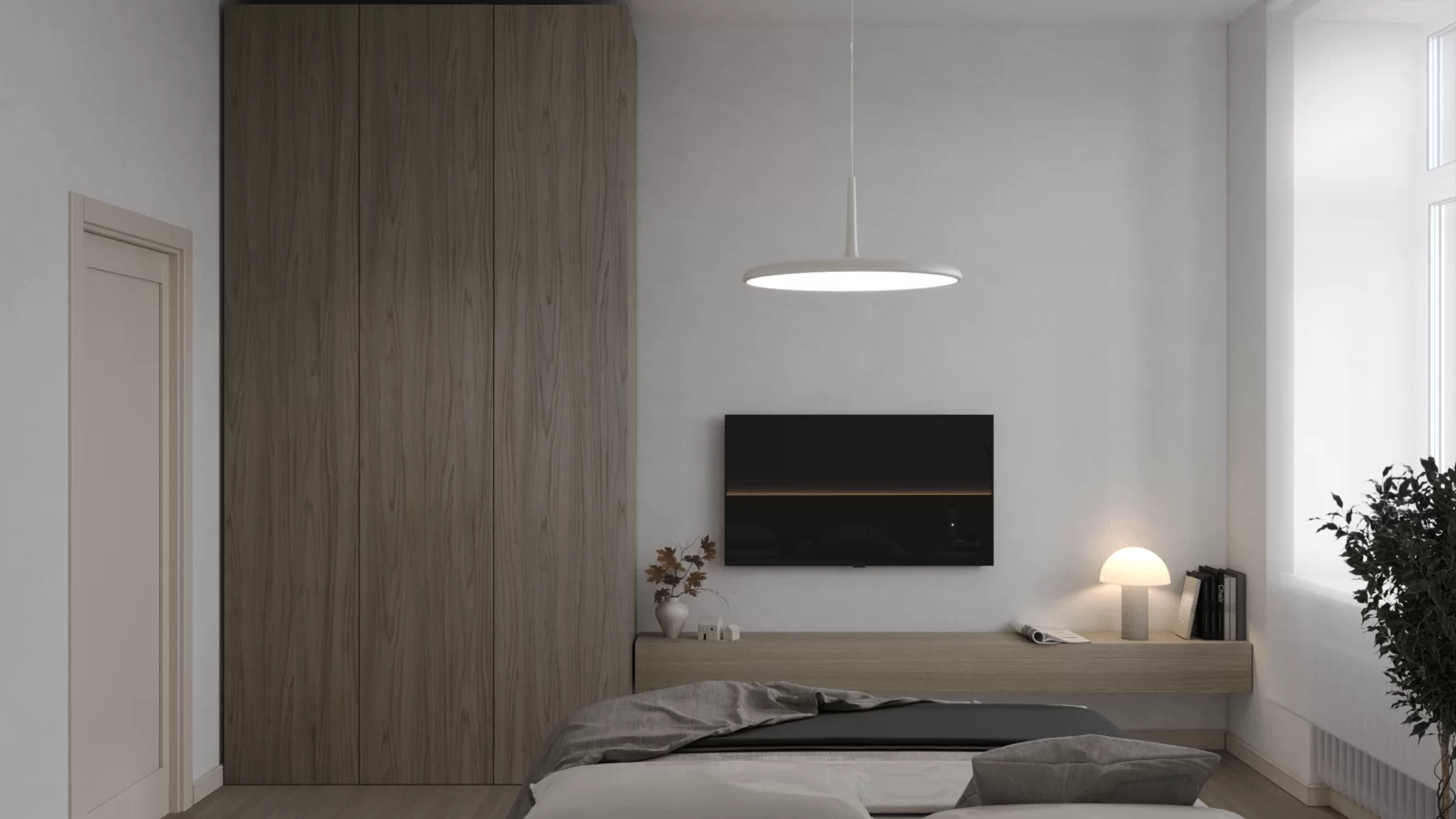 Nota interior | спальня с деревянной отделкой и мебелью тв зона