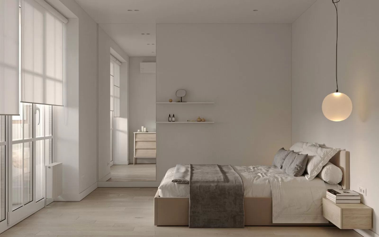 Nota interior | спальня в светлых теплых оттенках минимализм